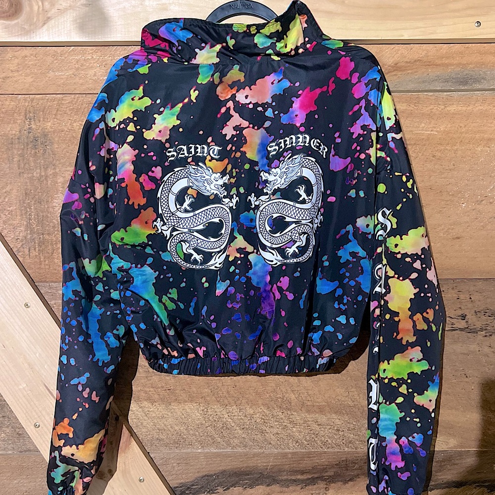 Sinner Splatter Paint Dragon Multi color windbreaker crop top Rue21 Large - Picture 4 of 7
